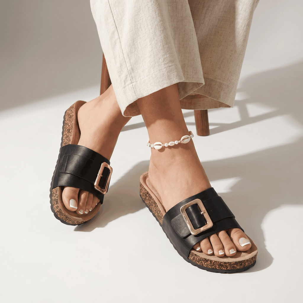 Women's Buckle Slide Sandals All Day Comfort Slip On Flat Su