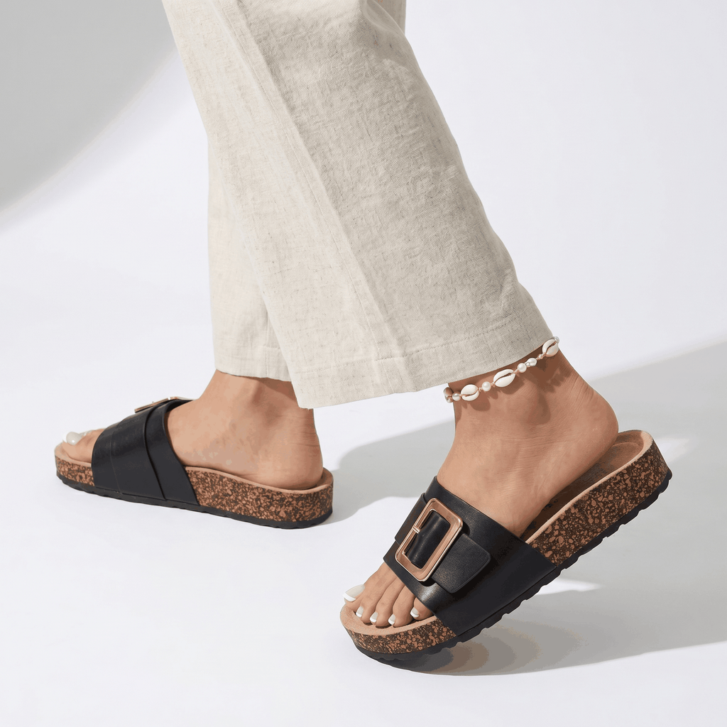 Women's Buckle Slide Sandals All Day Comfort Slip On Flat Su