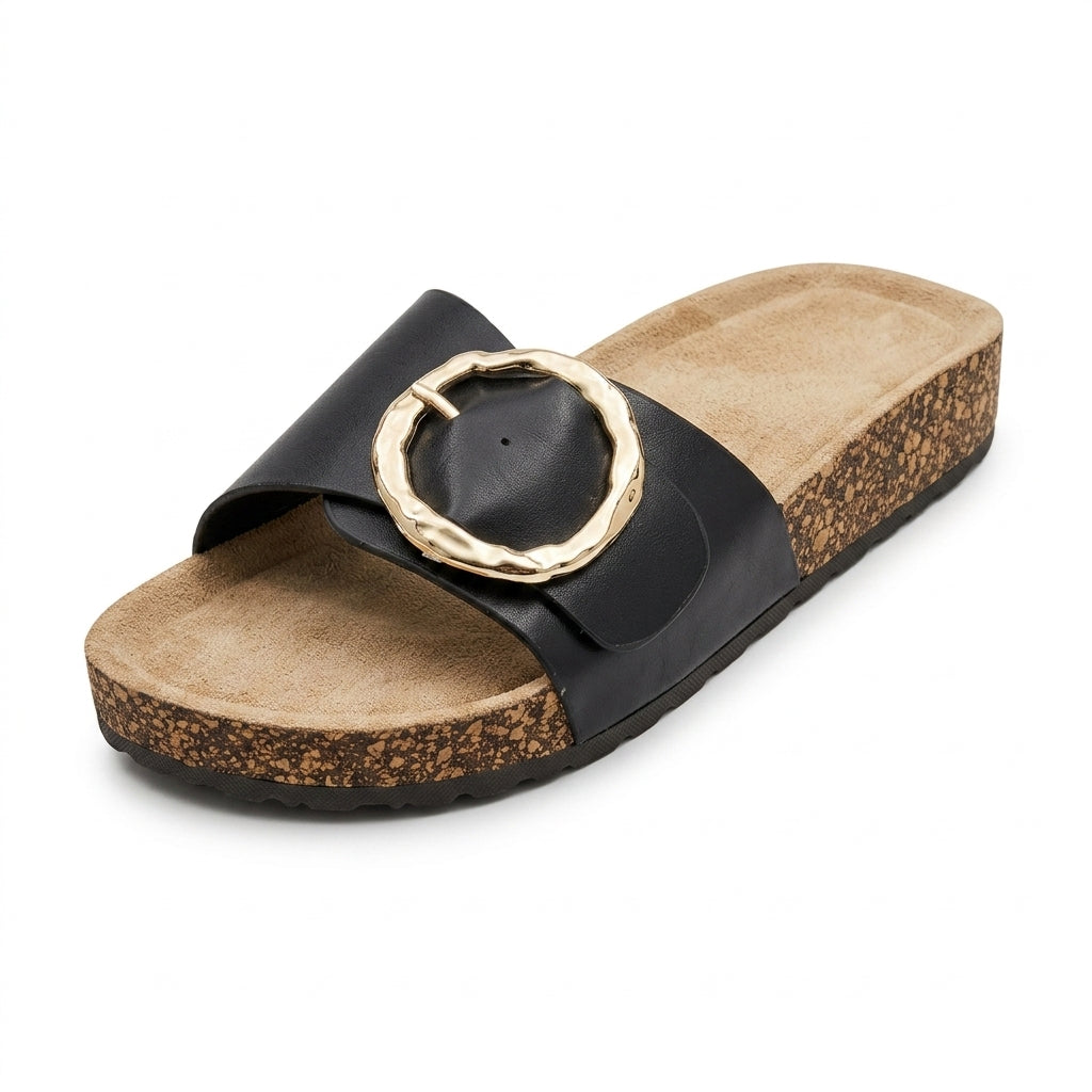 Women's Cork Footbed Slide Sandals Summer Beach Shoes Black 