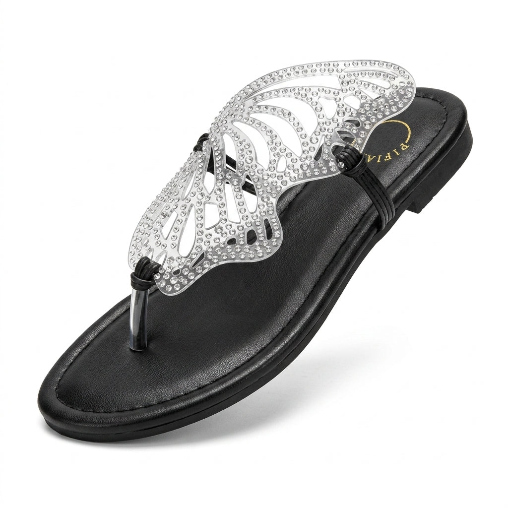 Sparkly Rhinestone Butterfly Flat Sandals Slip-On Clear Thon