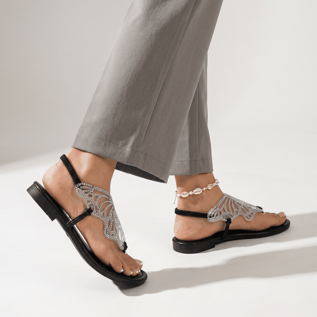 Sparkly Rhinestone Butterfly Flat Sandals Slip-On Clear Thon
