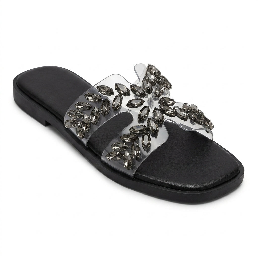 Women's Clear Rhinestone Slide Sandals Bling Square Toe Flat