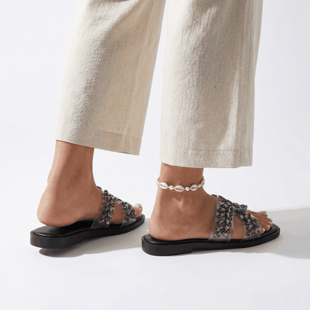 Women's Clear Rhinestone Slide Sandals Bling Square Toe Flat