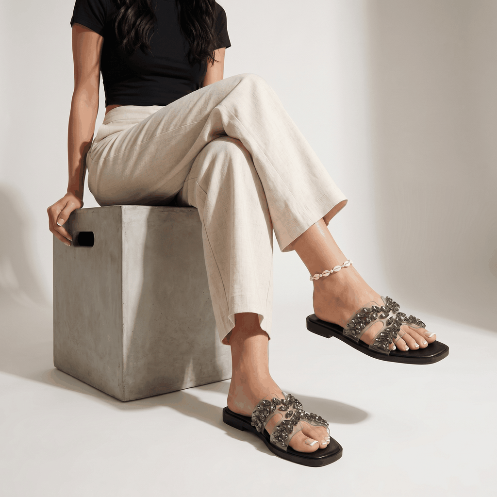 Women's Clear Rhinestone Slide Sandals Bling Square Toe Flat