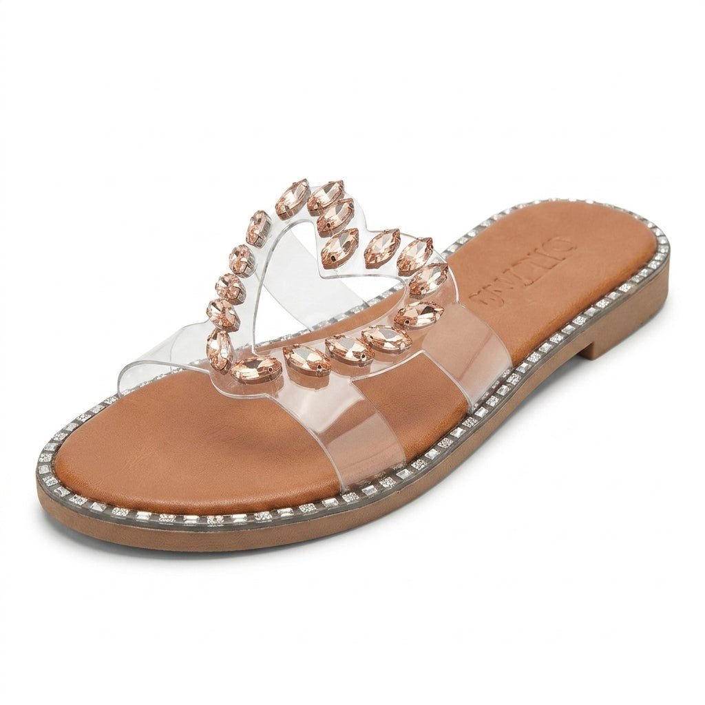 Rhinestone Heart Clear Strap Sandals for Women Slip On Summe