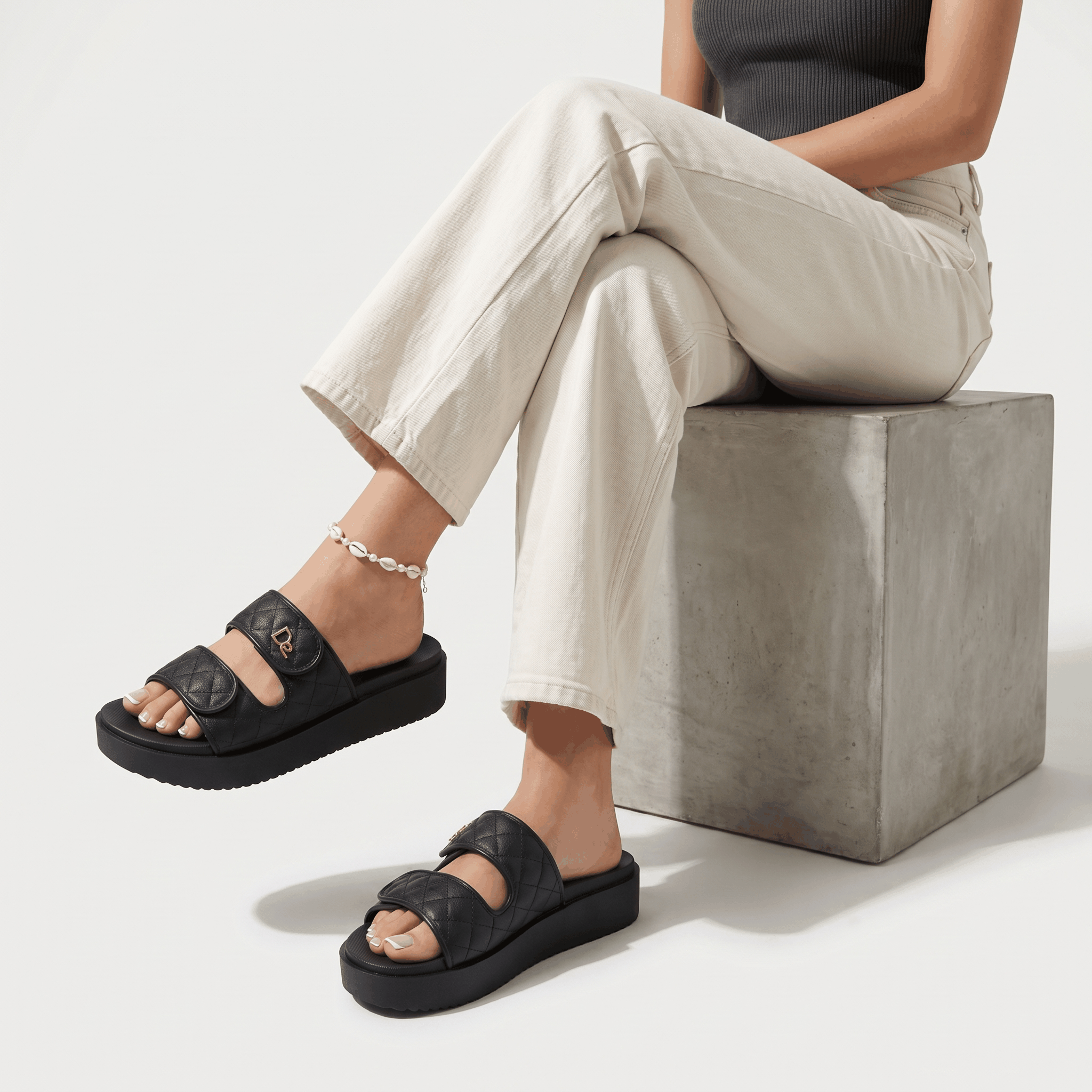 Women's Quilted Slide Sandals Comfy Double Strap Platform Sl