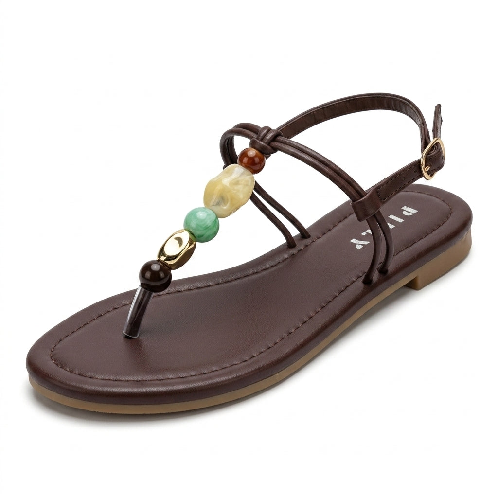 Flat Beaded T-Strap Sandals Comfortable Summer Shoes for Wom