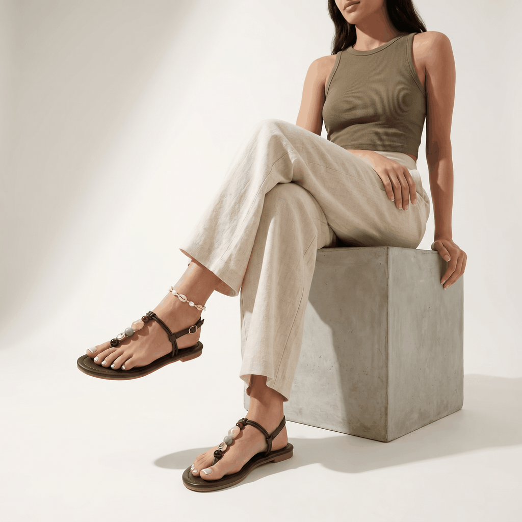 Flat Beaded T-Strap Sandals Comfortable Summer Shoes for Wom