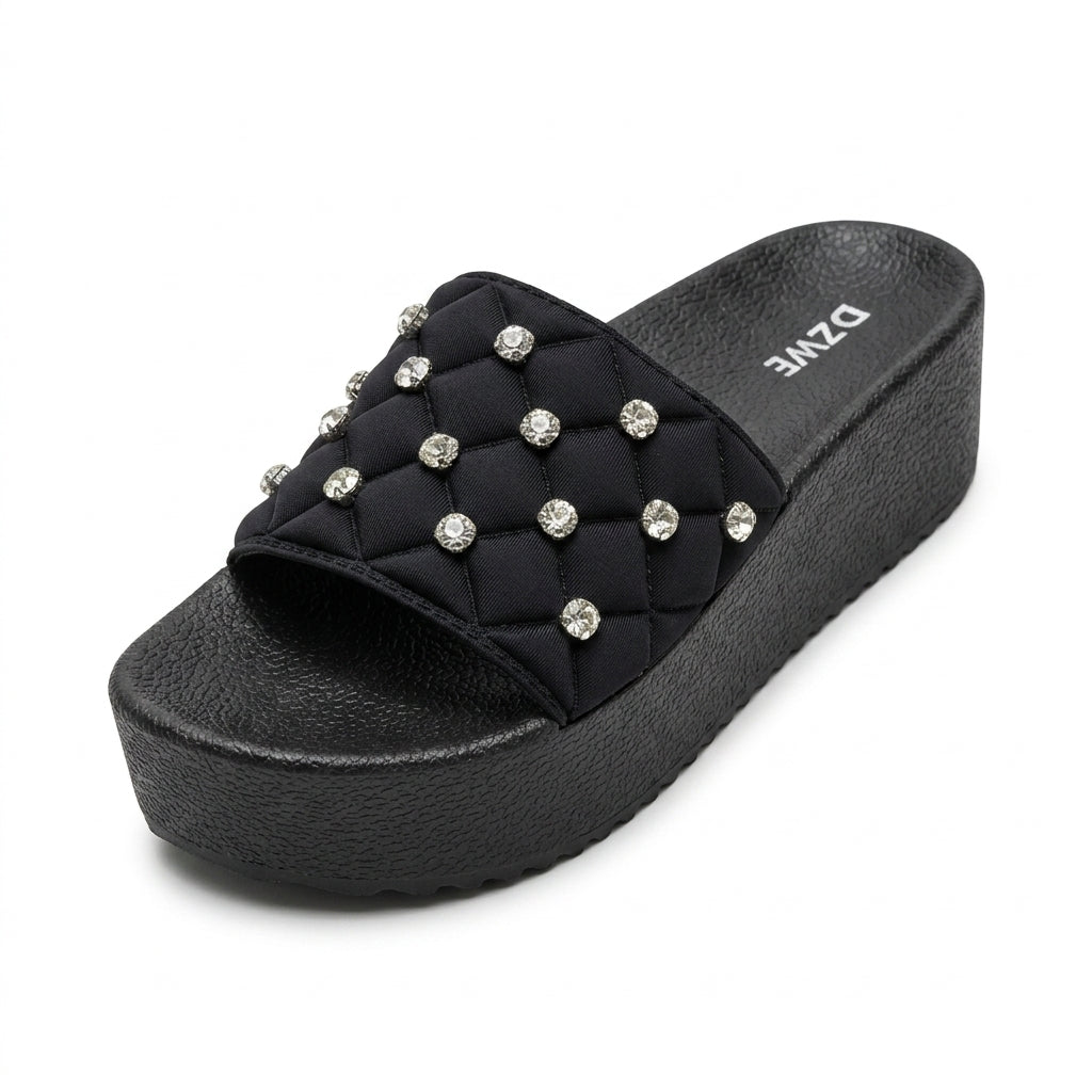 Rhinestone Platform Slides for Women Bling Chunky Sandals Bl