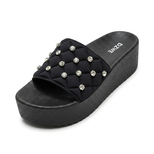 Rhinestone Platform Slides for Women Bling Chunky Sandals Bl