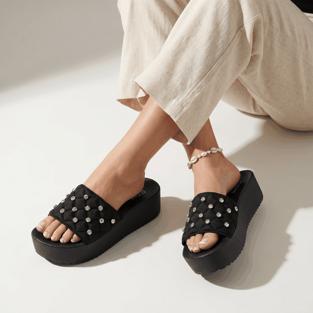 Rhinestone Platform Slides for Women Bling Chunky Sandals Bl