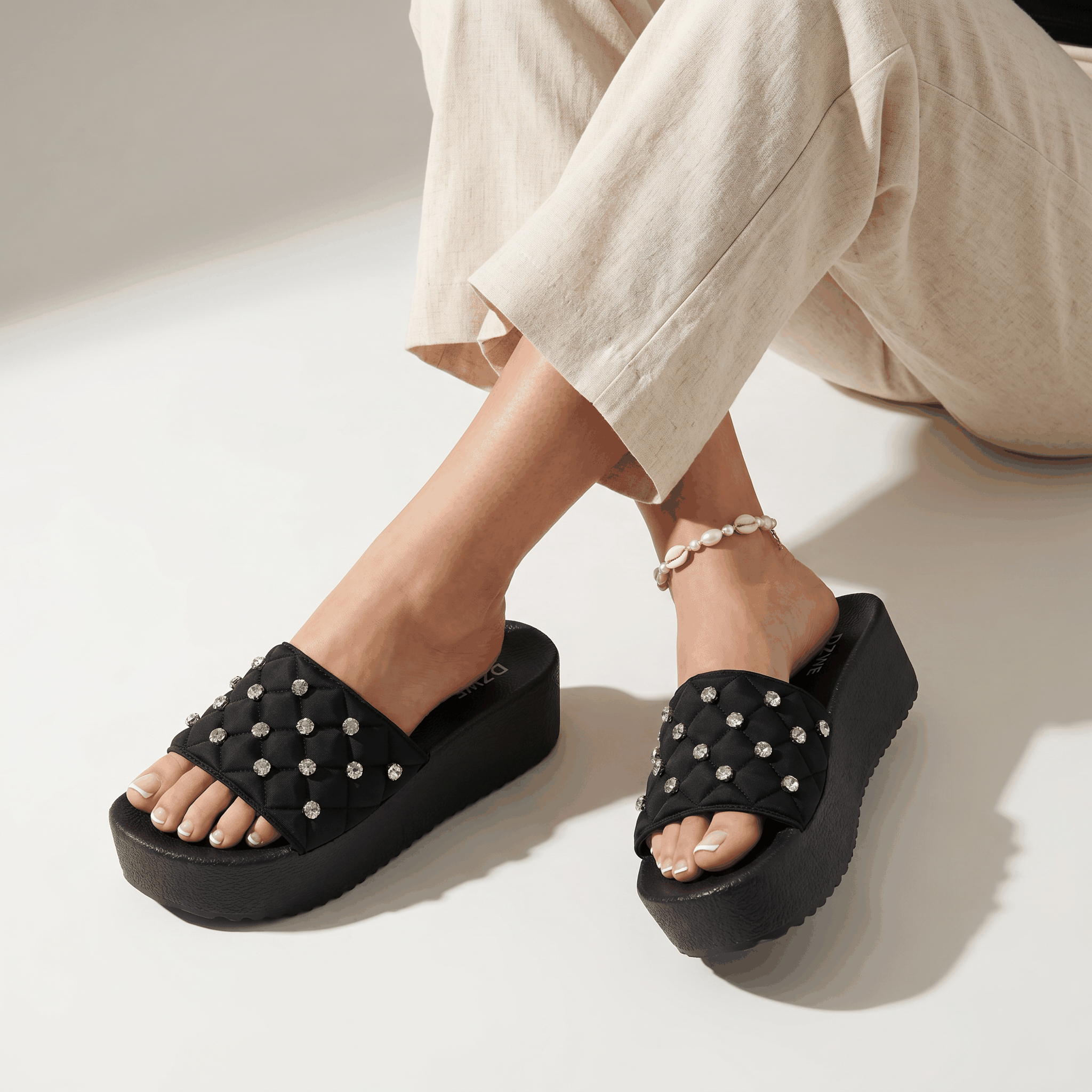 Rhinestone Platform Slides for Women Bling Chunky Sandals Bl