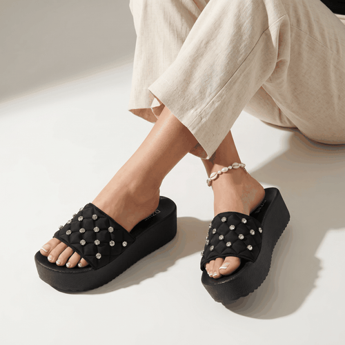 Rhinestone Platform Slides for Women Bling Chunky Sandals Bl