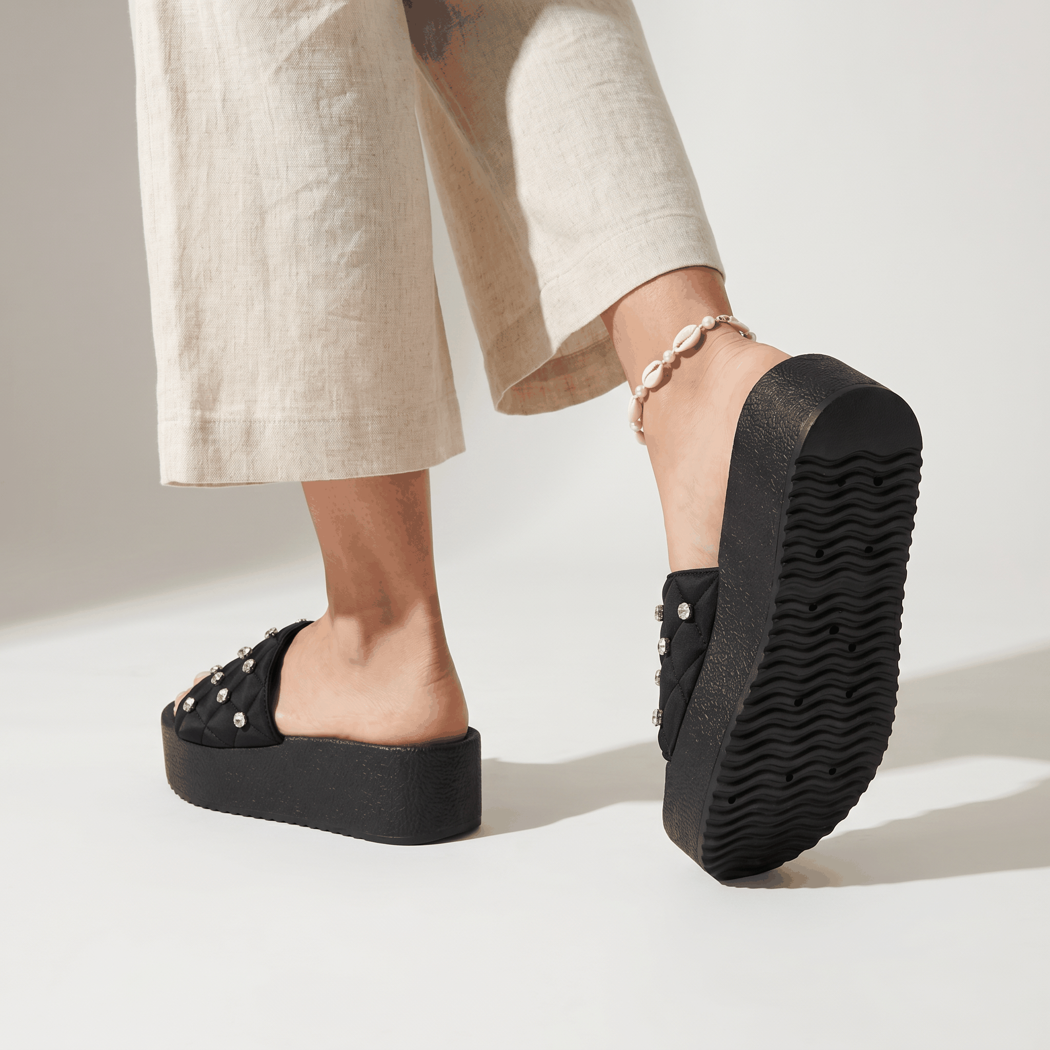 Rhinestone Platform Slides for Women Bling Chunky Sandals Bl