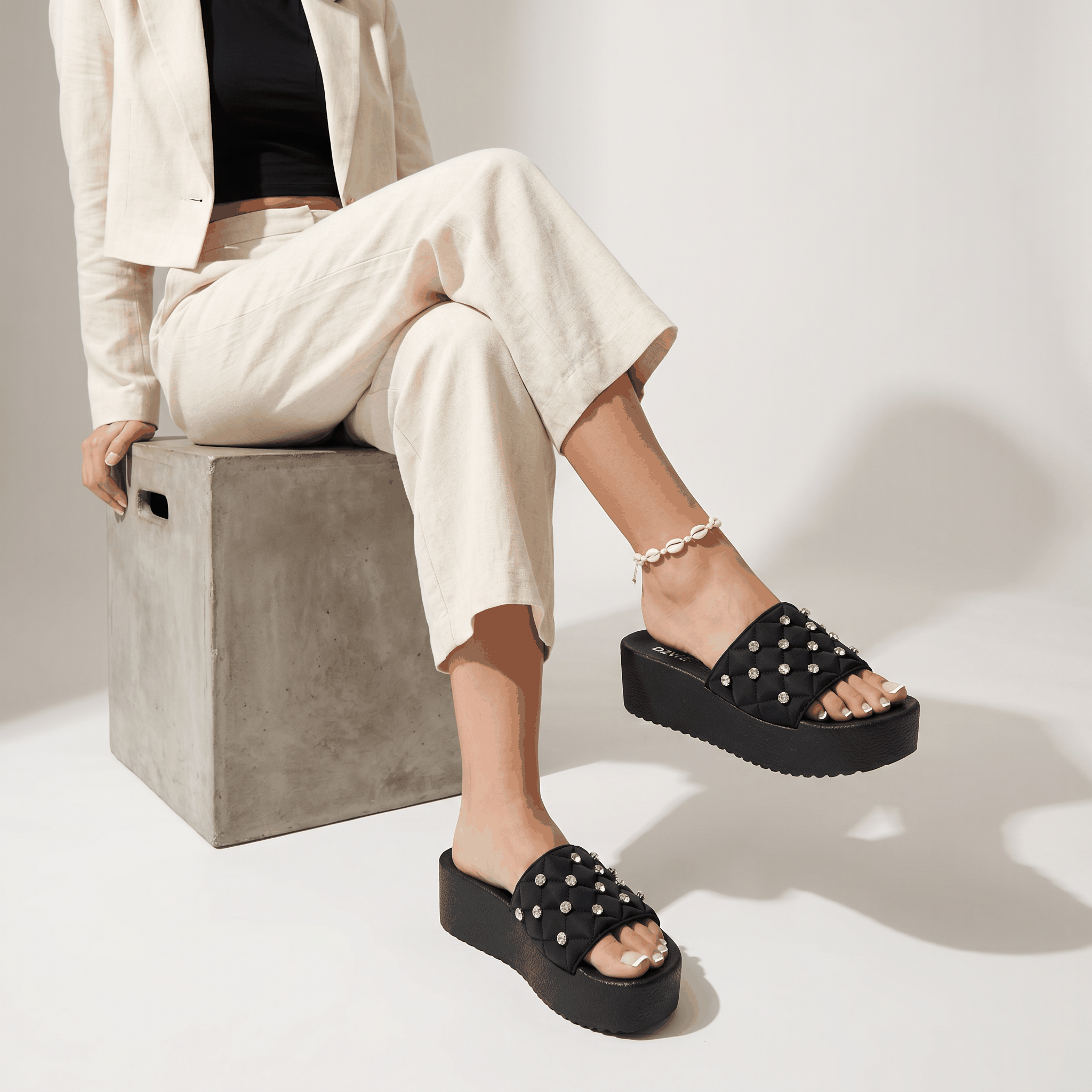 Rhinestone Platform Slides for Women Bling Chunky Sandals Bl