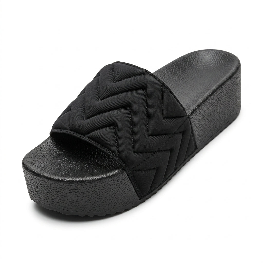 SSENUU Black Quilted Chevron Platform Sandal