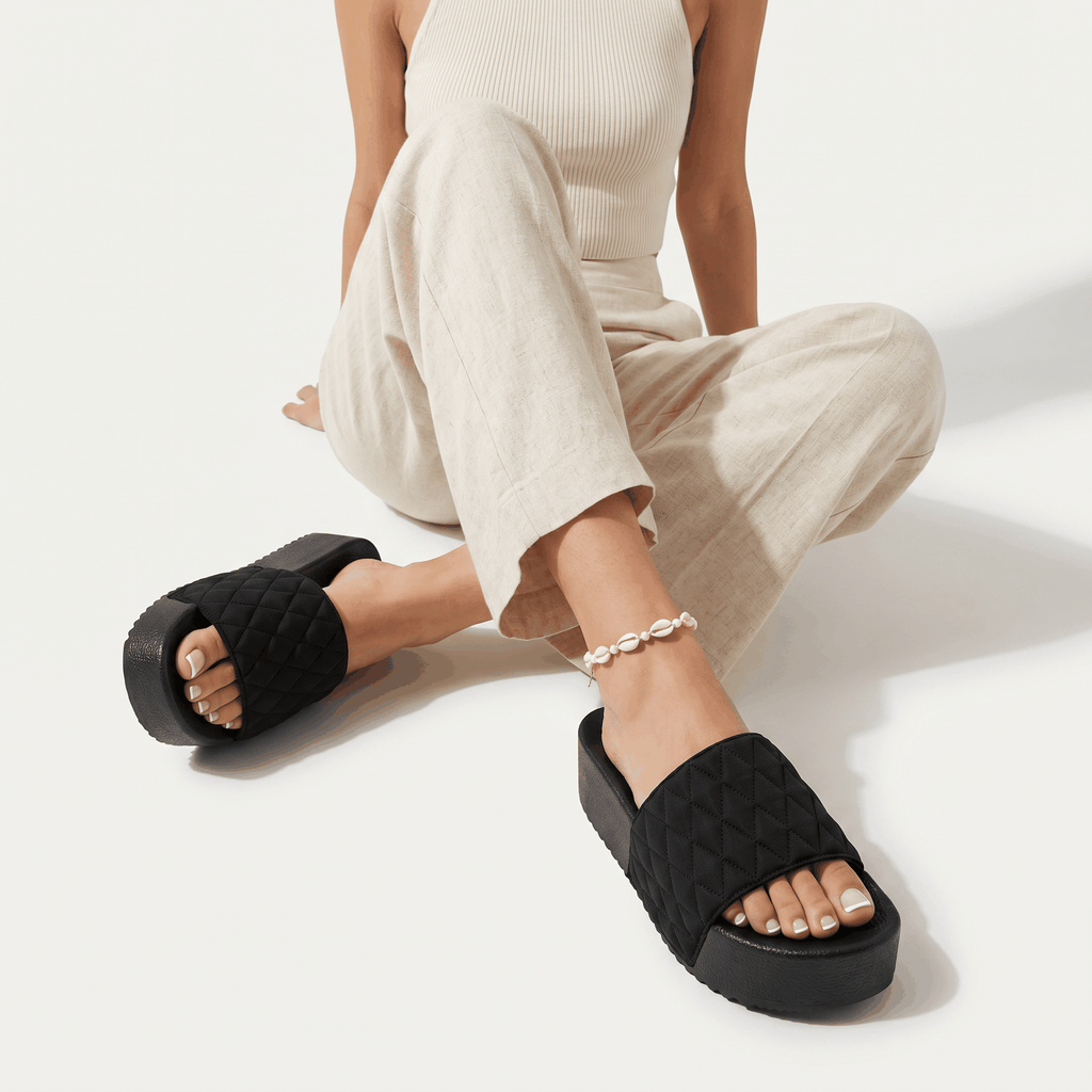 Women's Quilted Platform Slides Chunky Slip On Comfort Sanda