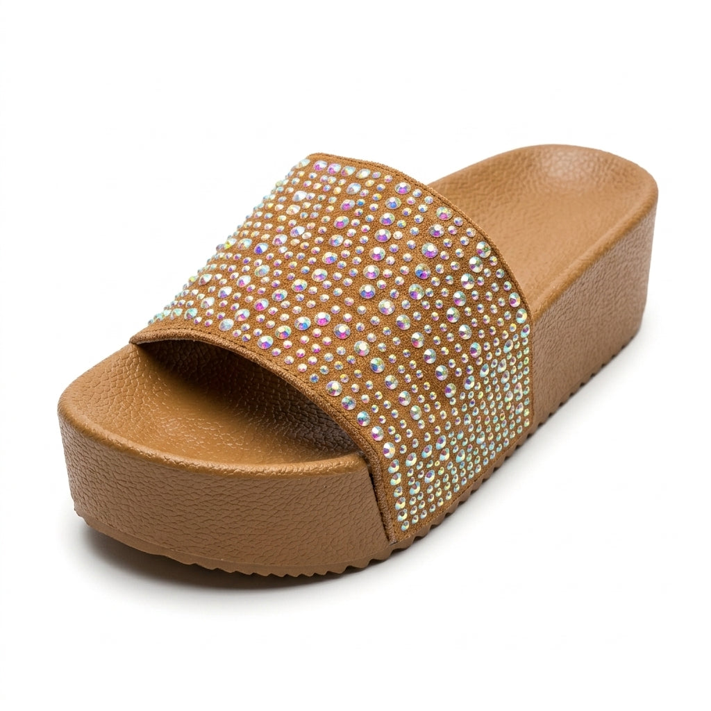 Rhinestone Platform Slides for Women Summer Sparkly Slip On 