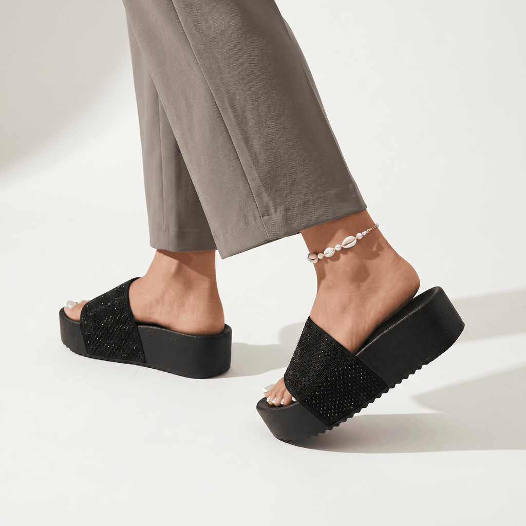 Rhinestone Platform Slides Ultimate Comfort Womens Sparkly S