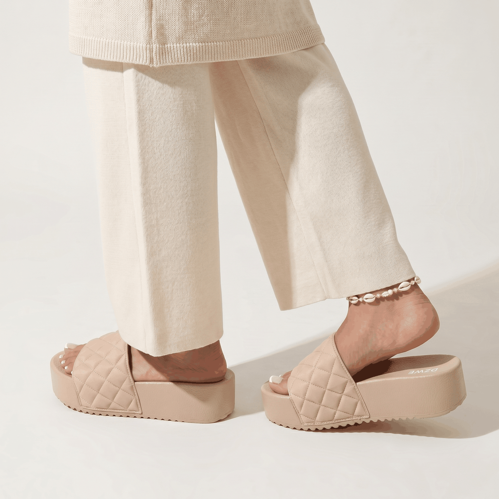 DZWE Quilted Platform Wedge Sandals for Women – Beige