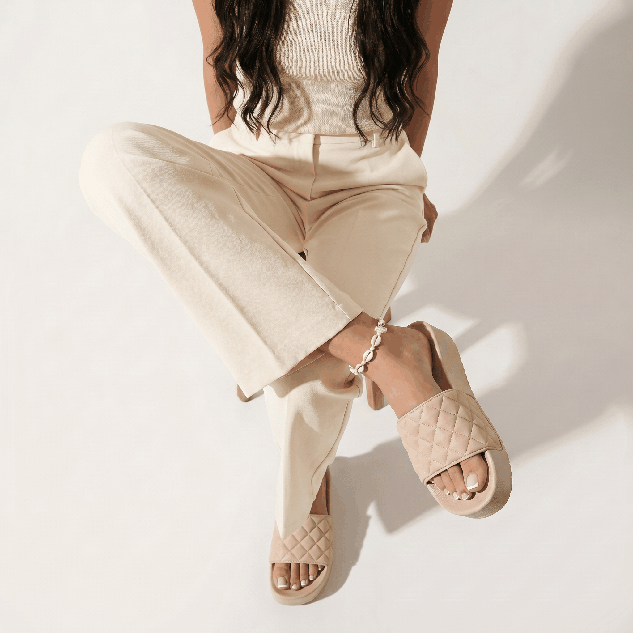 DZWE Quilted Platform Wedge Sandals for Women – Beige