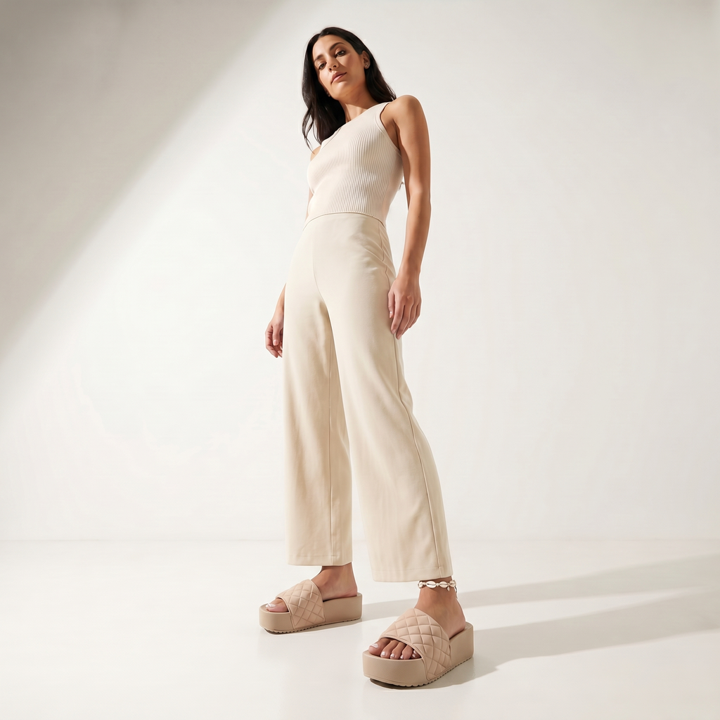 DZWE Quilted Platform Wedge Sandals for Women – Beige